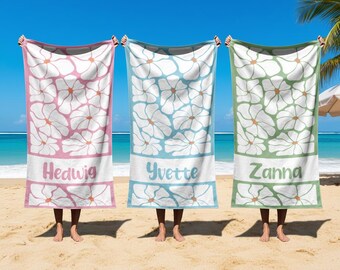 Personalized Retro Floral Beach Towel, Custom Name Microfiber Pool Towel