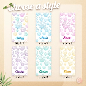 May include: Six rectangular beach towels with seashell patterns in various colors, including blue, pink, purple, and yellow. Each towel has a different name printed on it: Lindsay, Amelia, Beulah, Christine, Darlene, and Elaine. The text "Choose a style" is at the top.