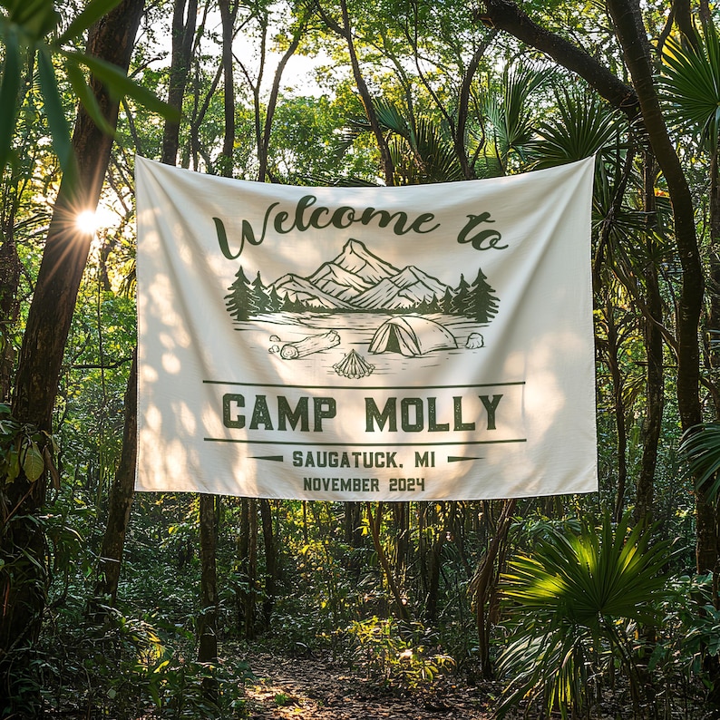Camping Bachelorette Tapestry, Custom Banner Camp Flag or Backdrop for Glamping Bach Weekend Personalized Wall Tapestries, Text Tapestry image 1