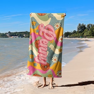Custom Pink Flower Beach Towel,Personalized Bath Towel With Name,Pool Towel For Adults,Vacation Gift,Birthday Gift,Oversized Beach Towel
