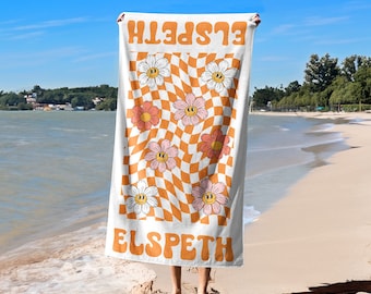Custom Name Beach Towel, Checkered Floral Microfiber Pool Towel