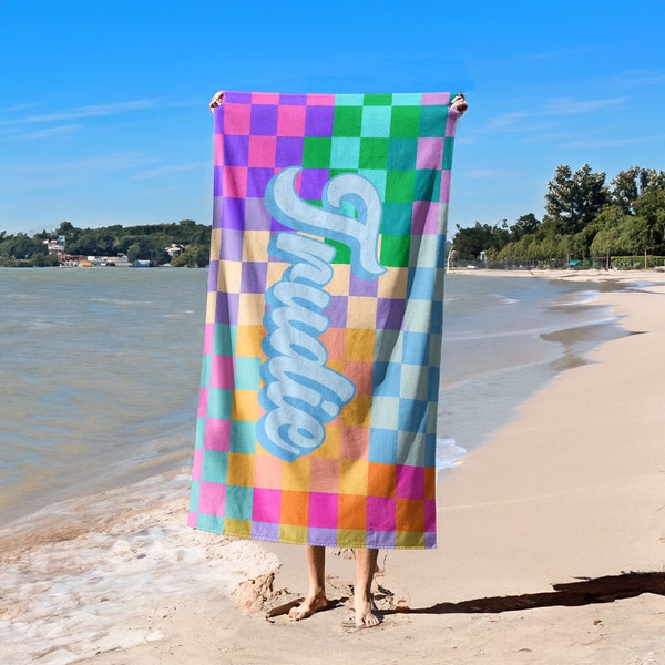 Colourful Plaid Custom Beach Towel,Personalized Bath Towel With Name,Pool Towel For Adults,Vacation Gift,Birthday Gift,Oversized Beach Towel