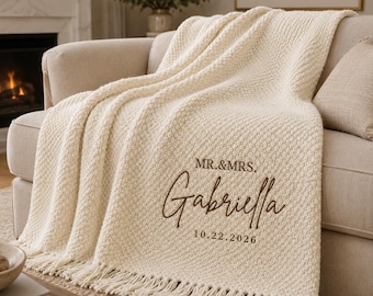 Personalized Wedding Knit Blanket, Custom Embroidered Name and Date Throw, Mr and Mrs Wedding Couple Gift, Newlyweds/Housewarming Gift
