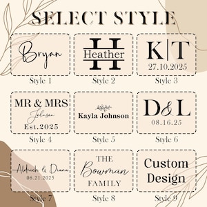 May include: A selection of nine design styles for personalized items. The designs include names, initials, and dates, with options for custom designs. The text "SELECT STYLE" is at the top, with each style labeled with a number.