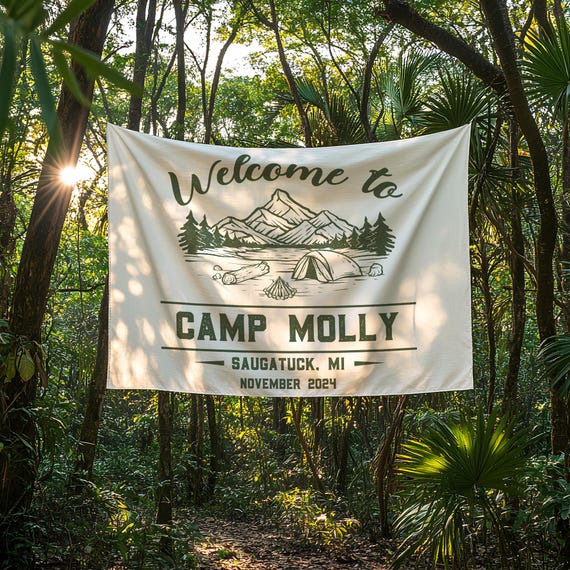 Camping Bachelorette Tapestry, Custom Banner Camp Flag or Backdrop for Glamping Bach Weekend Personalized Wall Tapestries, Text Tapestry