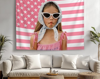 Custom Pink American Flag with Your Photo, Personalized Tapestry Wall Decoration for Dormitories Living Rooms Bedrooms, Funny Christmas Gift