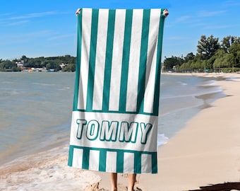 Toalla de playa a rayas con nombre personalizado, toalla de piscina de microfibra personalizada