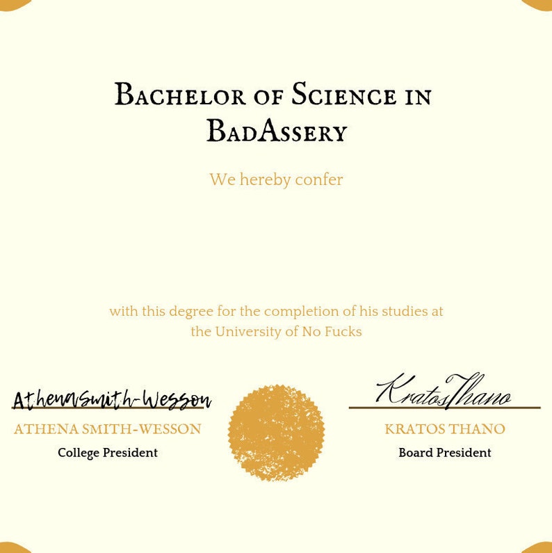 BS Bad Assery, Gag Gift, Fake Diploma Etsy