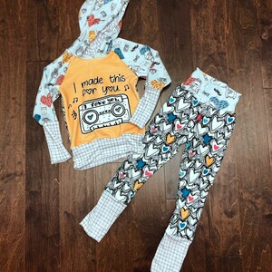 Valentine&#39;s Day 3T-Sz6 Grow With Me Hoodie and Joggers to Leggings “Mixtape” Very Soft Squish Fabric and Bamboo Lycra Set