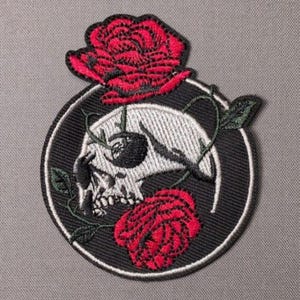 Skull and Red Rose Iron On Patch | Gothic Flower Patch