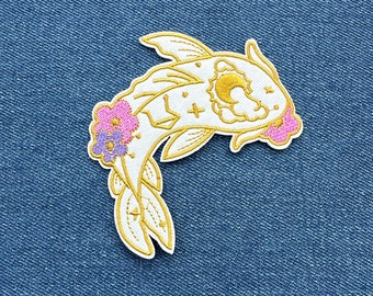 Mysterious Koi Fish With Pink And Purple Flowers Iron On Patch - DIY Crafts