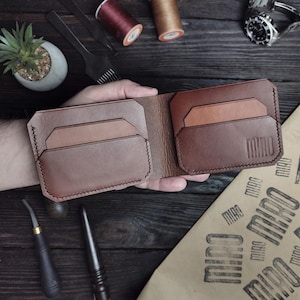 Cartera fina de cuero hecha a mano – Tarjetero de piel azteca italiana – Plegable minimalista para hombre – Billetera de regalo cosida a mano