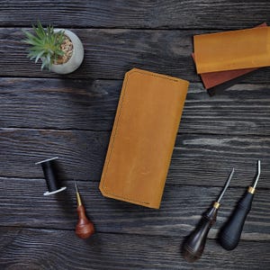 Cartera larga de cuero hecha a mano – Cartera delgada unisex – Cuero de plena flor, cosida a mano – Regalo minimalista de cuero
