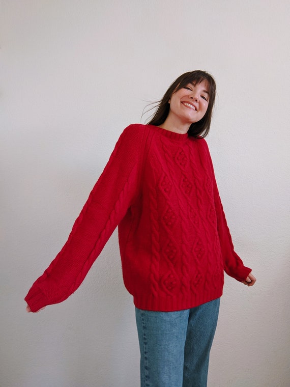 Vintage Cable Knit Wool Sweater in Hot Pink