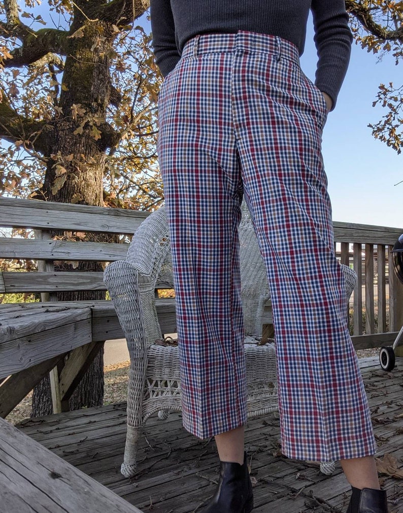 menswear style 31 waist white Red and tan light weight plaid dress pants blue