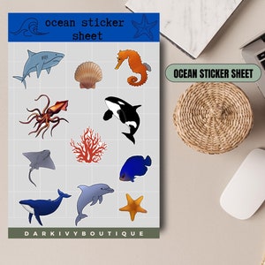 Marine Life Sticker Sheet | aesthetic ocean animals, planner stickers, ocean life, sea creatures, bullet journal stickers, craft stickers