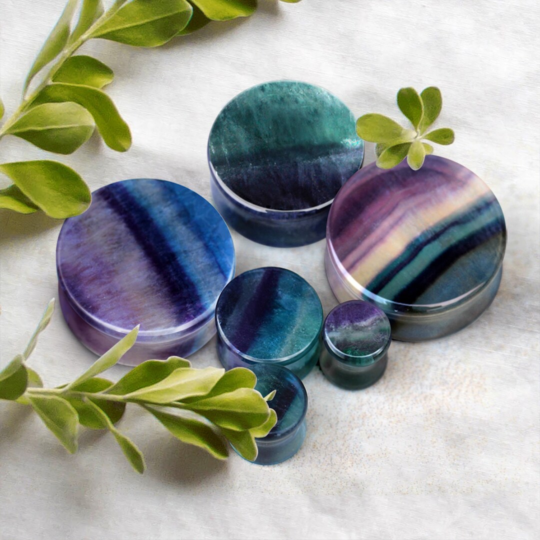 thumbnail image 2 of Pair Natural Rainbow Fluorite Stone Ear Plugs – Double Flare Saddle – 1 Inch (25mm) – Blue Palm Jewelry 2 of 6