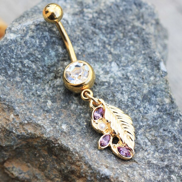 Gold Plated Jeweled Fantasy Leaf Dangle Belly Button Navel Ring