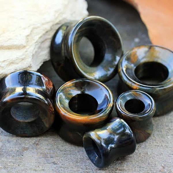 Natural Blue Tiger Eye Stone Double Flare Tunnel Plug