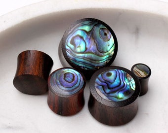 Natural Organic Sono Wood Saddle Ear Gauge Plug Earrings with Abalone Inlay