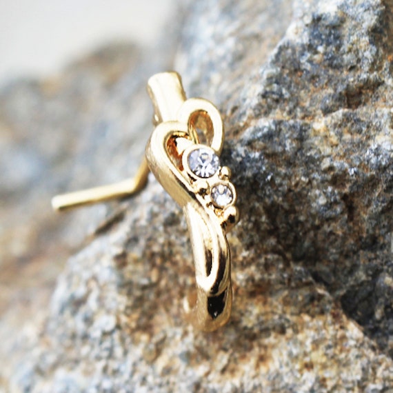 Gold Plated Jeweled Heart L Bend Half Nose Hoop Etsy