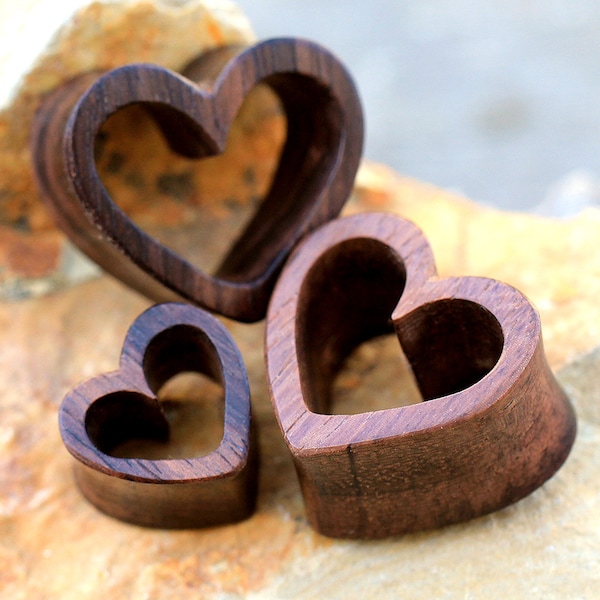 Organic Sono Wood Heart Tunnel Ear Gauge Plug Earrings