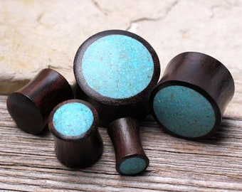 Natural Organic Sono Wood Saddle Plug with Turquoise Crush Inlay