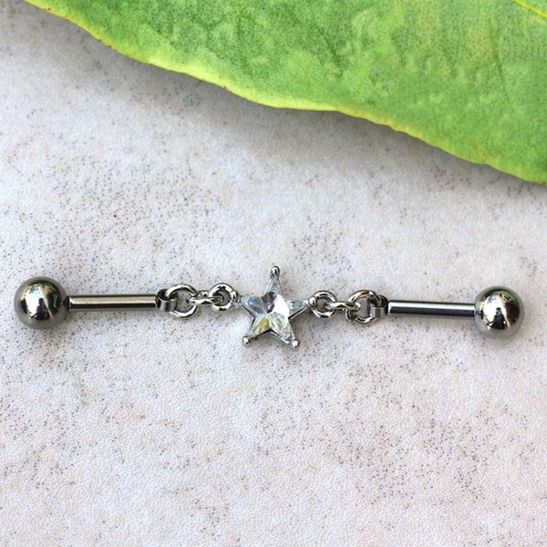 Stainless Steel Prong Set Star Chain Industrial Barbell Earrings