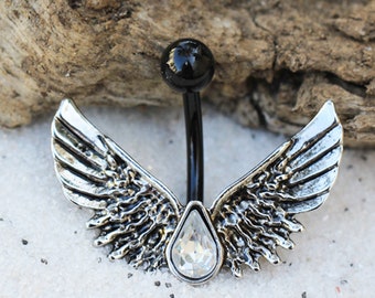 Little Aiden Black PVD Plated Rebel Angel Wing Navel Ring Size 14 GA 3/8