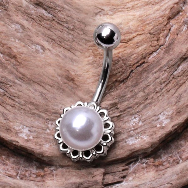 316L Stainless Steel White Faux Pearl Navel Ring