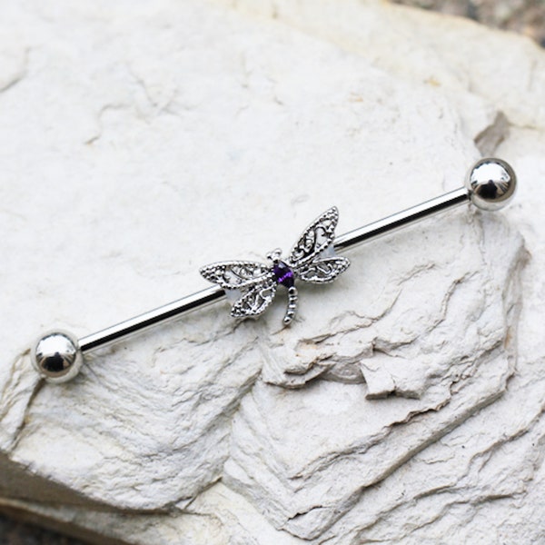 Stainless Steel Ornate Dragonfly Industrial Barbell Earrings