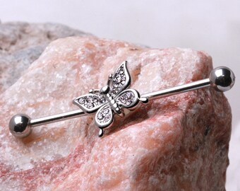 Stainless Steel Glittering Butterfly Industrial Barbell