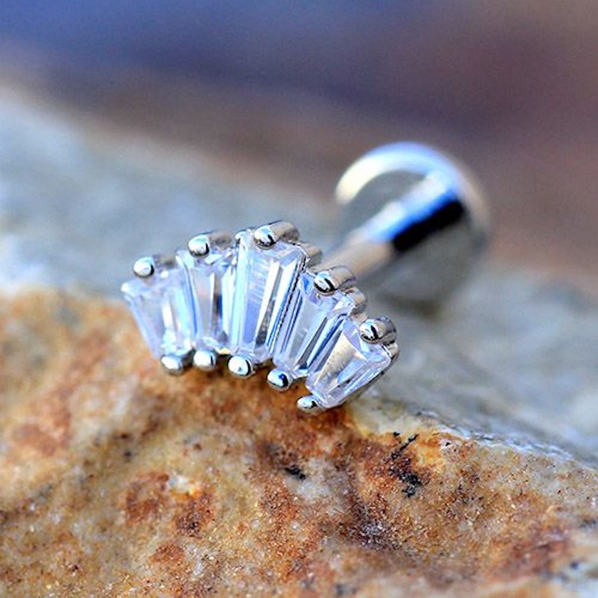 Internally Threaded 316L Stainless Steel Curved Prong Set Baguette CZ Labret