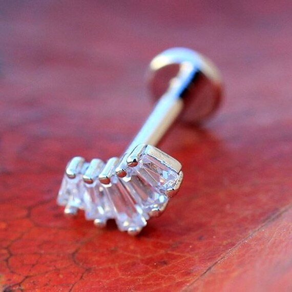 Internally Threaded 316L Stainless Steel Curved Prong Set Baguette CZ Labret