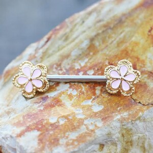 Gold Plated Pink Flower Nipple Bar
