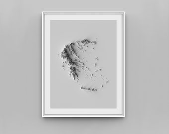 May include: A white framed print of a 3D map of Greece. The map is in shades of gray and shows the outline of the country and its islands.