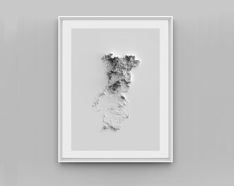 May include: A framed black and white topographic map of Portugal.