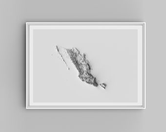 May include: A white framed print of a 3D topographical map of Mexico.