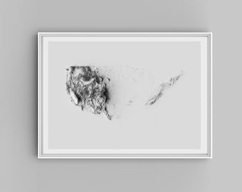 Può includere: Una mappa topografica in bianco e nero degli Stati Uniti d'America in una cornice bianca.