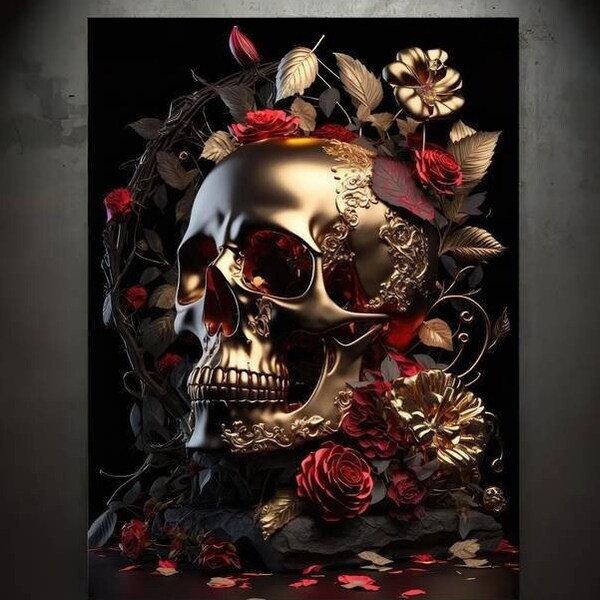 Golden Skull and Flower Painting on Canvas - Luxury Wall Art for Bathroom, - Home Decor with No Frame, Halloween Decoration