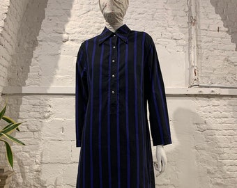 Robe chemise rayée bleu indigo et noire en coton, Finlande, Vuokko Suomi vintage des années 1970