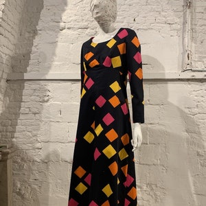 Rare Vintage 1970s Finnish Geometric Black Cotton Maxi Dress