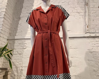 Vintage 1980s Scandinavian Colour Blocking Striped Ruffle Smock Cap sleeved Dress