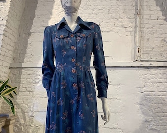 Vintage 70s Floral Print Cotton Shirt Dress, Puffed Sleeve