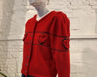 Cardigan folk autrichien en laine à pompons et appliques en tricot à manches bouffantes, vintage des années 1980