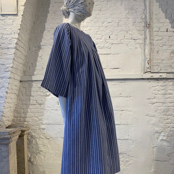 Vintage 1980s Striped Cotton Linen France Kimono Sleeve Smock Dress