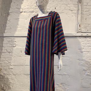Vintage 1970er/80er Folk Baumwolle Gestreift Regenbogen Engel Ärmel Maxi Kaftan Kleid Hippie