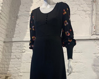 Vintage 1970s Prairie Floral Embroidery Black Crepe Bishop Sleeve Maxi Dress