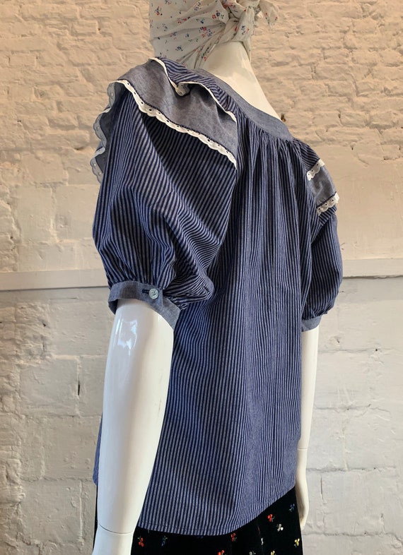 Vintage 1970s prairie cotton striped blouse, ruffl