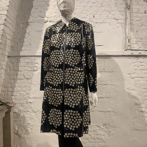 Rare Vintage 1960s Marimekko Finland Raincoat  Puketti  Pattern Navy Blue Smock